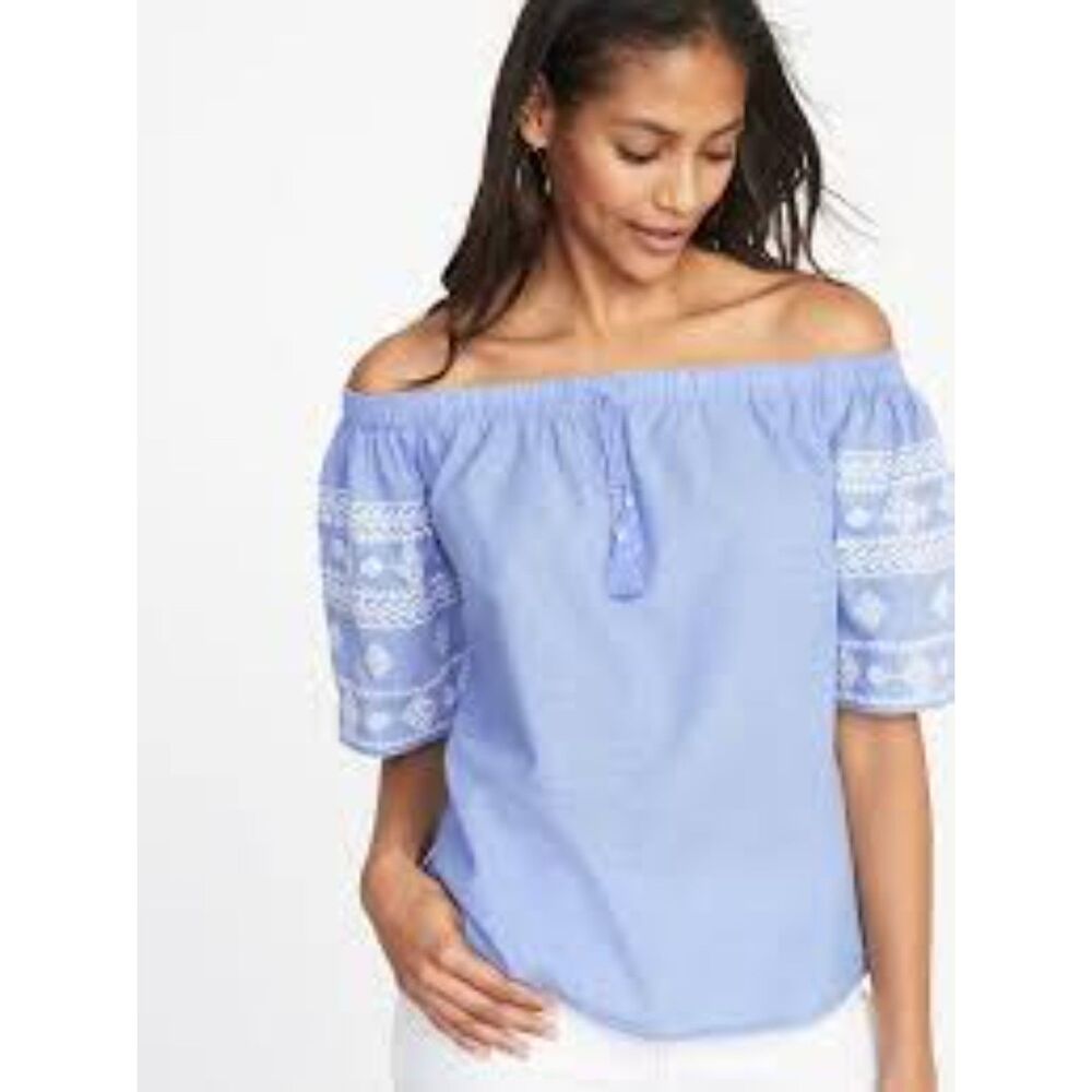 Old Navy Blue Off-the-Shoulder Summer Embroidered Blouse Top Medium Boho